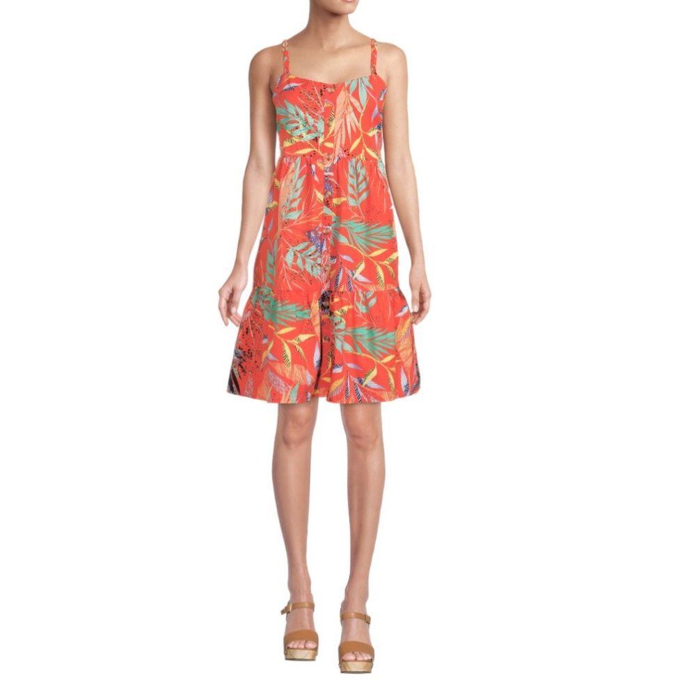 Beachlunchlounge Braided Strap Button Front Tropical Print Tiered Sundress Xl